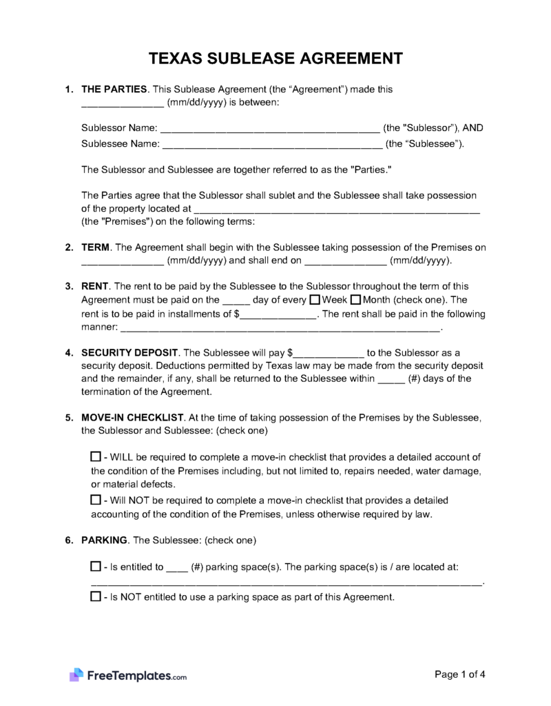 Texas Sublease Agreement Template Freetemplates Pdf Word