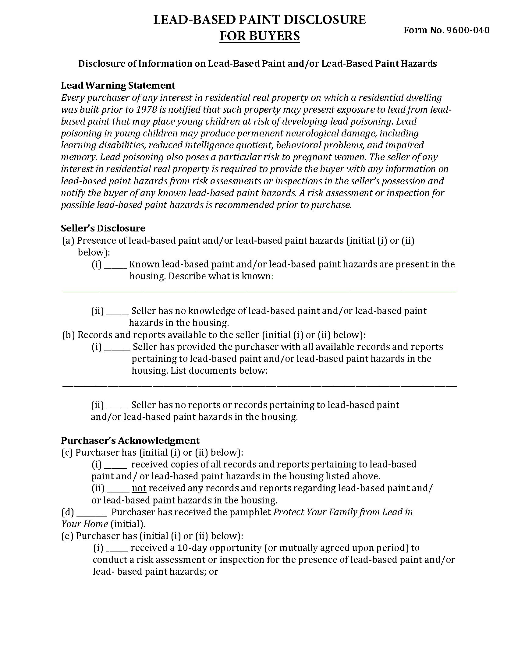 Lead-Based Paint Disclosure Form - Free Templates | PDF