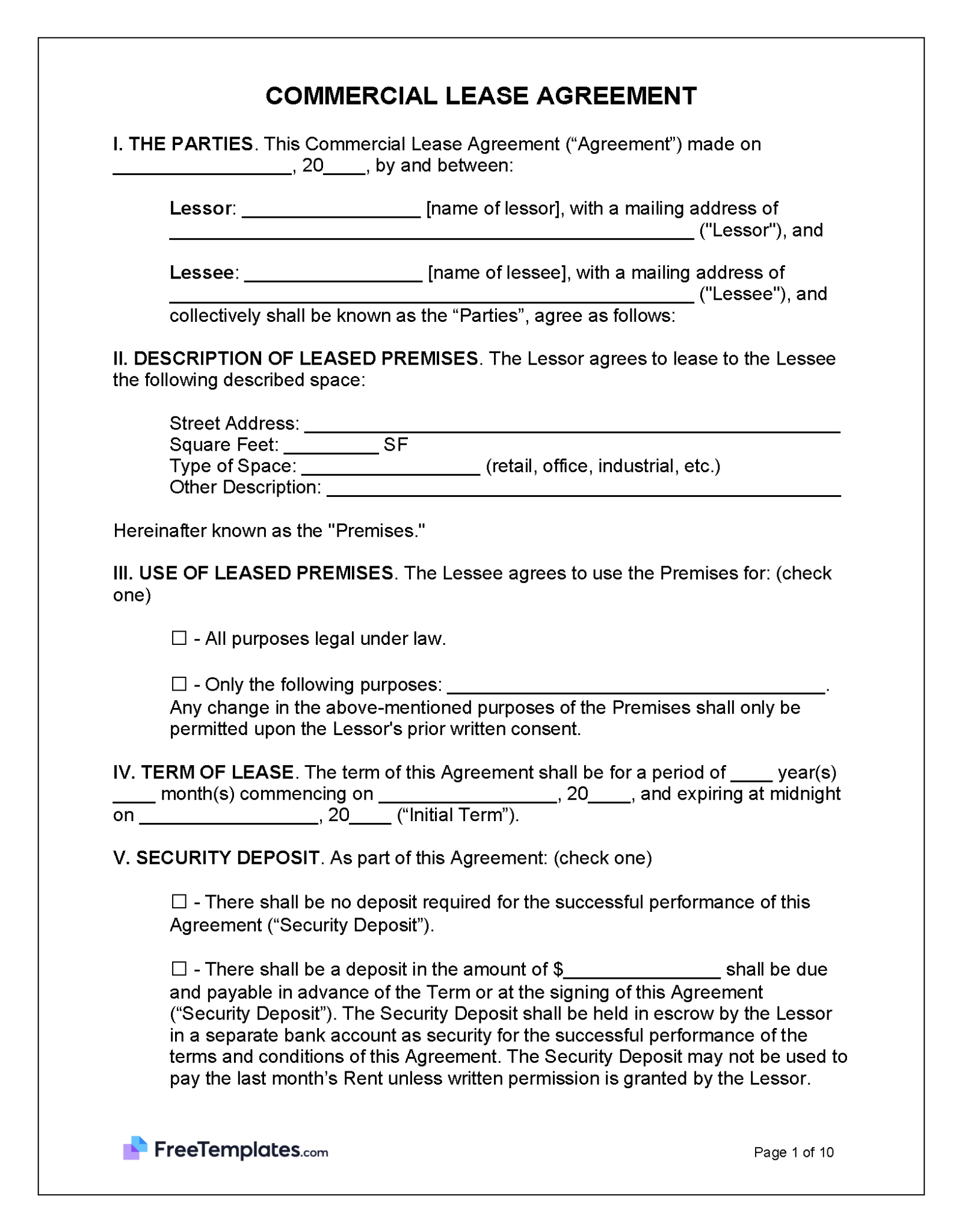Commercial Lease Agreement Template PDF Word